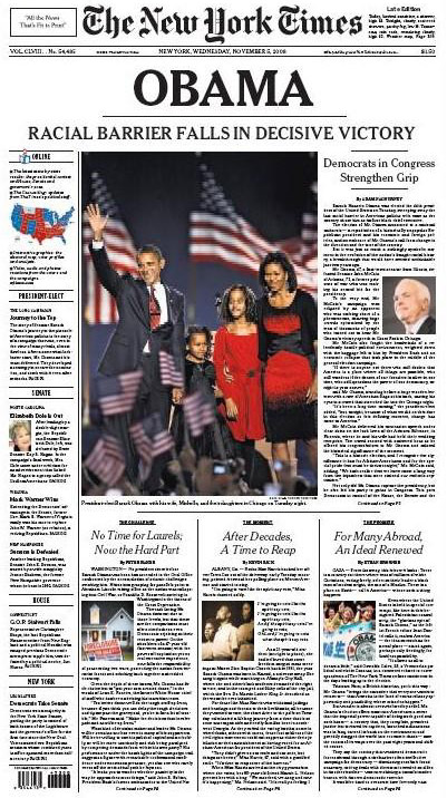 new york times front page obama. The New York Times says the